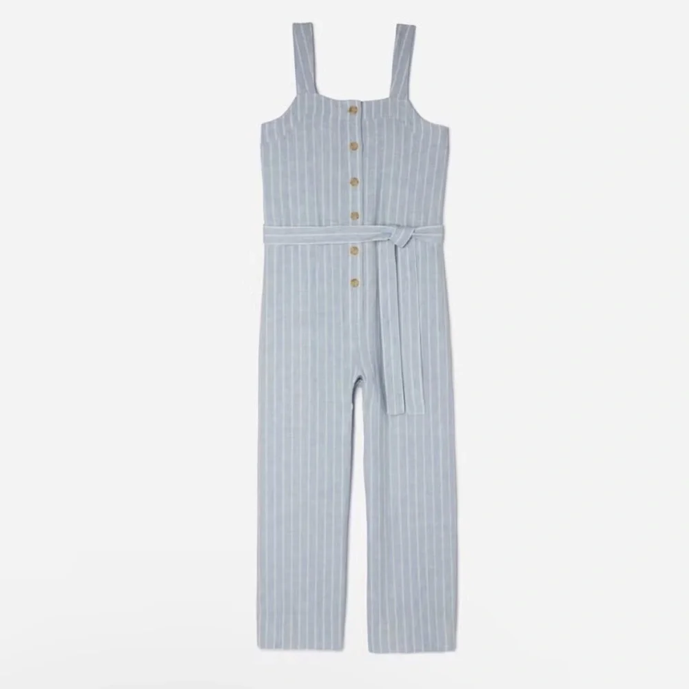 Everlane Linen Square Neck Blue Pinstripe Button‎ Down Tie Front Jumpsuit 2 NWOT